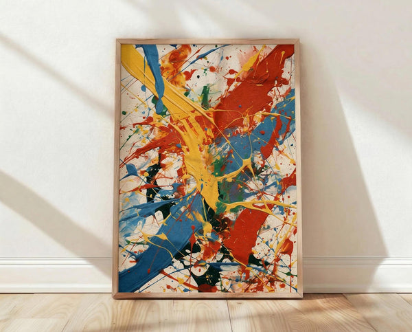 May include: Vibrant abstract expressionist artwork with energetic paint splatters and bold brushstrokes in yellow, blue, red, and orange displayed in a thin wooden frame, leaning against a white wall on light wood flooring with natural window light creating soft shadows