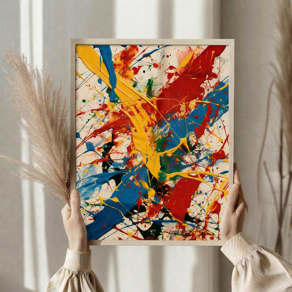 May include: Person holding framed abstract expressionist artwork featuring vibrant paint splatters and brushstrokes in yellow, red, blue, green, and black on white background. Natural wood frame, dried pampas grass in other hand, neutral beige clothing, soft window lighting in background.