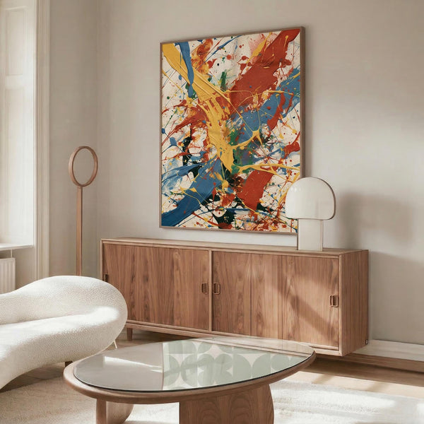 May include: Colorful abstract expressionist artwork with vibrant red, blue, yellow and orange paint splatters and brushstrokes hanging above a walnut credenza. Modern living room setting features white curved chair, glass-top coffee table, and contemporary lighting against neutral walls.