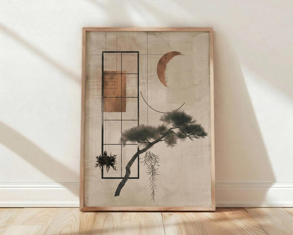 May include: Framed abstract art print featuring geometric shapes in warm brown tones, a crescent moon, and delicate pine tree branches with detailed needles. The artwork combines botanical illustration with modern geometric elements on a textured beige background. Displayed in a light wood frame against a white textured wall with soft natural lighting casting shadows across the scene.