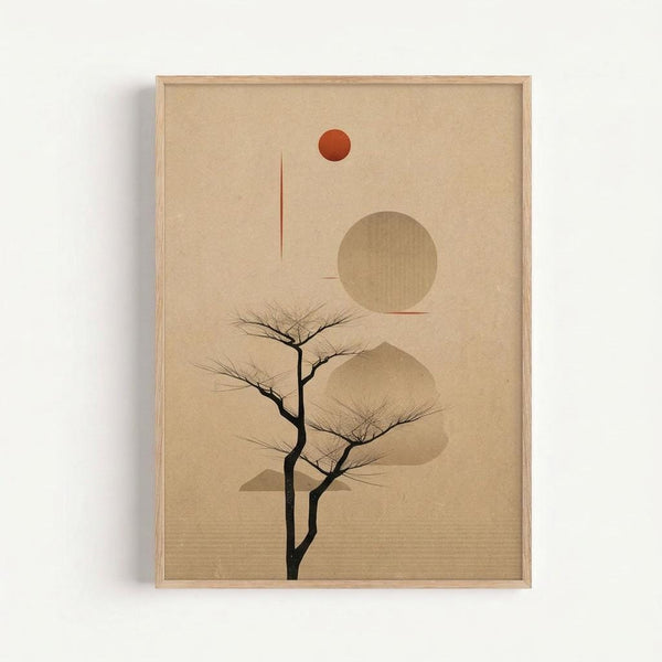 Minimalist wall art print featuring a bare black tree silhouette against a warm beige background with abstract geometric shapes including a rust-colored circle representing the sun, a large tan circle, and curved forms suggesting hills or landscape elements. The artwork is displayed in a light wood frame against a white wall, showing natural wood grain texture and clean modern styling.
