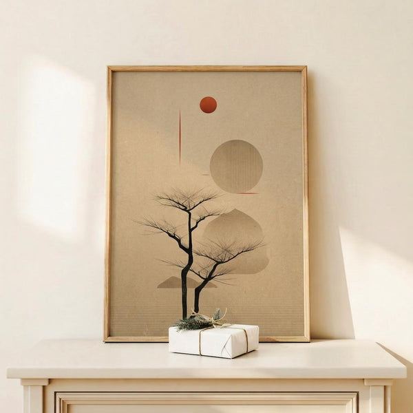 May include: Framed minimalist artwork featuring a bare black tree silhouette against beige background with geometric shapes - large tan circle, smaller rust-colored circle, and angular mountain forms. Natural wood frame displayed on light wooden furniture with white wrapped gift beside it. Warm neutral tones throughout scene with soft natural lighting.
