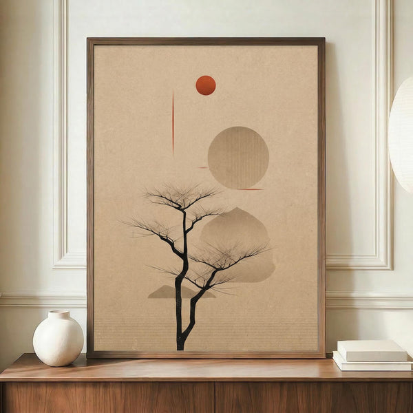 May include: Framed minimalist artwork displayed on wooden credenza featuring abstract tree silhouette with bare branches against beige textured background, orange sun, large tan circle, and geometric mountain shapes. White ceramic vase and stacked books flank the dark wood frame in neutral room setting with cream walls and white molding.