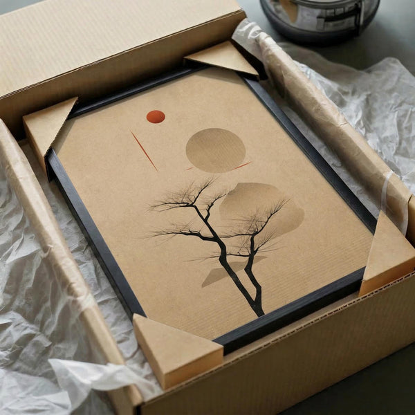 Minimalist artwork in black frame being unboxed from cardboard shipping box with protective wrapping. Features bare branched tree silhouette against beige background with geometric shapes - small red circle, larger tan circle, and curved forms suggesting abstract landscape. Textured paper surface visible with subtle linear details. Frame surrounded by white tissue paper and cardboard packaging materials.
