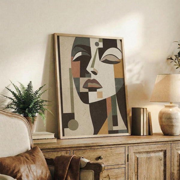 May include: Stylized geometric portrait of a woman in Art Deco style with angular features rendered in muted earth tones of sage green, terracotta, cream and brown. The framed artwork sits on a rustic wooden sideboard alongside books, a ceramic vase, and fern plant. A leather armchair is partially visible in the foreground of this warm, neutral-toned living space.