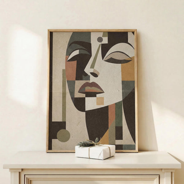 May include: Framed abstract geometric portrait of a woman in Art Deco style, featuring angular shapes in muted earth tones of beige, olive green, rust orange, and brown. The stylized face shows fragmented features with curved eyebrows, almond eyes, and geometric lips. The artwork sits on a light wooden surface next to a small wrapped gift with twine and pine sprig, against a cream wall with natural lighting.