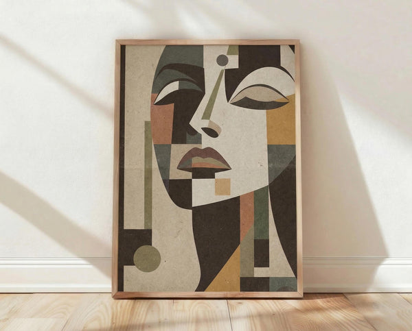 May include: Geometric abstract portrait of a woman in earth tones including beige, olive green, rust orange, and brown. The cubist-style artwork features angular shapes forming facial features with almond eyes, defined lips, and stylized hair. The print is displayed in a light wood frame leaning against a white wall on light wooden flooring with soft natural lighting creating diagonal shadows across the scene.