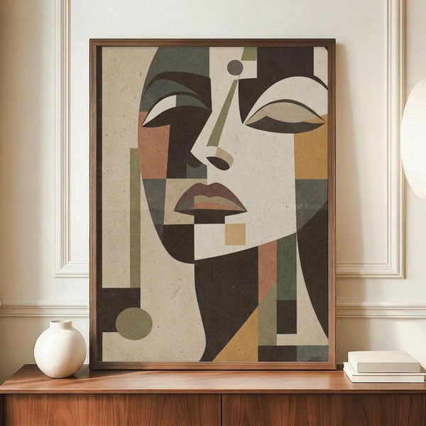 May include: Framed abstract portrait artwork in Art Deco style displayed on wooden credenza. The geometric composition features a stylized woman's face rendered in earthy tones of beige, olive green, terracotta, and brown with angular shapes and clean lines. Dark wood frame complements the mid-century modern setting with white ceramic vase and stacked books as styling elements.