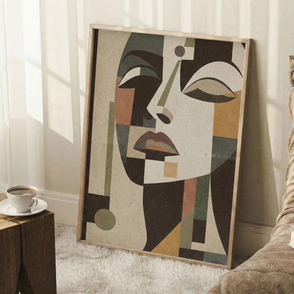 May include: Framed abstract art deco style portrait of a woman in earth tones including beige, olive green, rust orange, and brown geometric shapes. The stylized face features angular eyebrows, almond eyes, and defined lips in a cubist composition. The artwork leans against a white wall corner on a white textured rug, with a coffee cup on a wooden block nearby and part of a beige throw blanket visible.