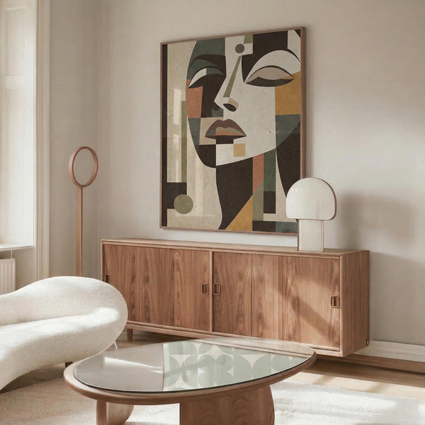May include: Art deco style portrait of a woman rendered in geometric shapes and earth tones including sage green, rust orange, cream, and brown. The abstract face features angular forms, curved eyebrows, and stylized features. Displayed as a framed print above a mid-century modern walnut credenza with sliding doors, alongside a white sculptural chair, glass-top oval coffee table, and minimalist table lamp in a bright contemporary living room.