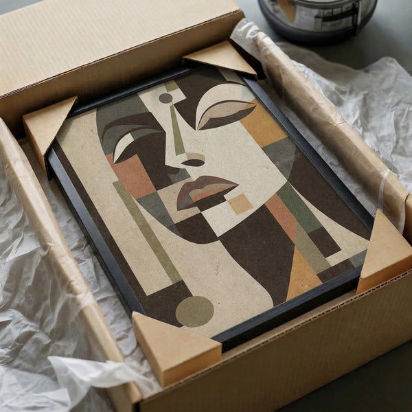 May include: Art deco style portrait poster in black frame being unpacked from cardboard shipping box with tissue paper. Abstract geometric woman's face in earth tones - beige, brown, olive green, rust orange. Minimalist cubist design with flowing hair and stylized features. Frame appears medium-sized next to wooden dowel rods and glass container in background.