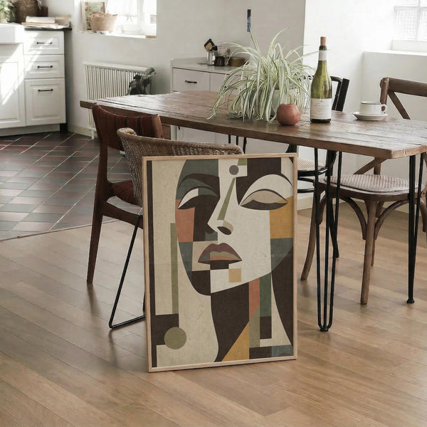 May include: Abstract geometric portrait of a woman rendered in earthy tones of sage green, terracotta, cream, and golden yellow. The stylized face features angular shapes and Art Deco-inspired design elements. Artwork is displayed as a framed print leaning against a wooden dining table with hairpin legs in a modern kitchen setting with white cabinets and light wood floors.