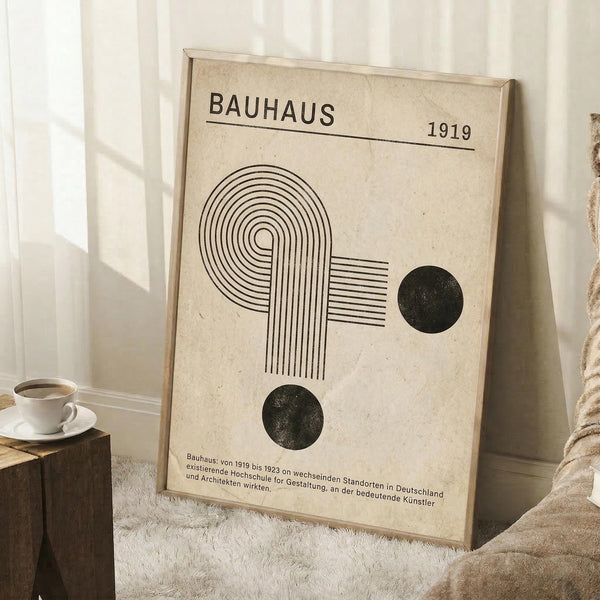 May include: Framed Bauhaus-inspired poster with geometric design featuring curved lines forming abstract shapes and two black circles on cream textured background, displayed in bright room corner with coffee cup on wooden block and cozy blanket nearby