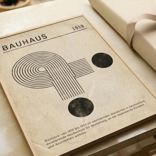 May include: Vintage-style cream poster with "BAUHAUS 1919" header featuring geometric line art design with curved and straight parallel lines forming an abstract shape, accompanied by two dark green circular elements. German text appears at bottom. Poster shown on beige surface with white paper rolls in background, creating a minimalist workspace setting.