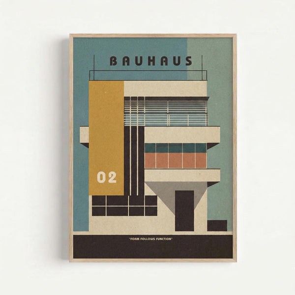 Framed modernist architectural poster featuring geometric building design in muted colors including sage green, mustard yellow, coral, and cream. The artwork displays "BAUHAUS" at top with "02" prominently shown, depicting a multi-story building with clean lines, horizontal windows, and blocky forms typical of Bauhaus architecture. Text reads "FORM FOLLOWS FUNCTION" at bottom. The print is displayed in a light wood frame against a white wall.