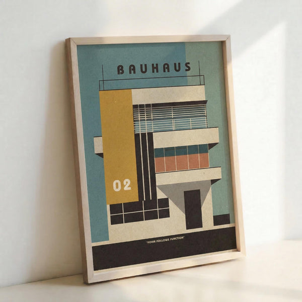 Framed architectural poster featuring geometric Bauhaus-style building illustration in teal, yellow, coral, and cream colors. Modern minimalist design shows abstract building forms with horizontal lines and rectangular shapes. White "02" visible on left side, "Form Follows Function" text at bottom. Light wood frame, leaning against white wall on white surface.