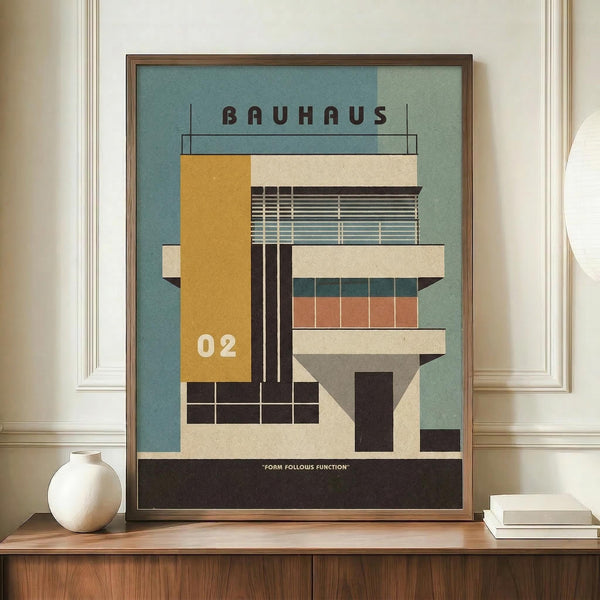 May include: Framed Bauhaus-inspired architectural poster featuring geometric building design in blue, yellow, orange and cream colors with "02" and "Form Follows Function" text, displayed on wooden sideboard next to white ceramic vase and stacked books in neutral-toned room with white walls and crown molding.