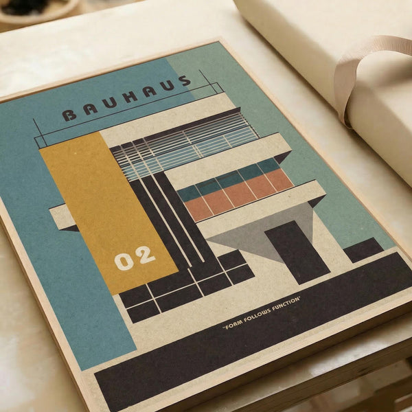 May include: Vintage-style architectural poster featuring a modernist building illustration in muted teal, mustard yellow, coral, and cream colors. The geometric design shows a multi-story structure with horizontal window bands and clean lines, numbered "02" with "FORM FOLLOWS FUNCTION" text at bottom. Print displayed on white paper against cream fabric backdrop with soft natural lighting.