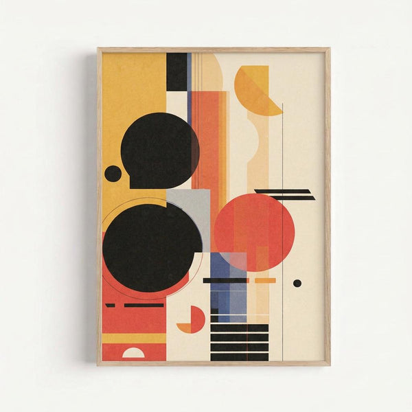 Framed abstract geometric artwork featuring bold black circles, orange and red rectangular shapes, blue squares, and curved forms arranged in a modernist composition. The print displays a warm color palette of mustard yellow, coral red, navy blue, and cream against a beige background. Housed in a natural wood frame and photographed against a white wall, showing subtle shadows.