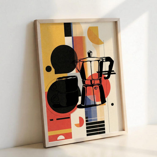 Framed abstract artwork featuring geometric shapes in warm yellows, oranges, and blacks with silhouettes of a coffee pot and cup. The composition includes overlapping circles, rectangles, and curved forms in a Bauhaus-inspired style. The print is displayed in a light wood frame, leaning against a white wall with soft natural lighting creating subtle shadows.
