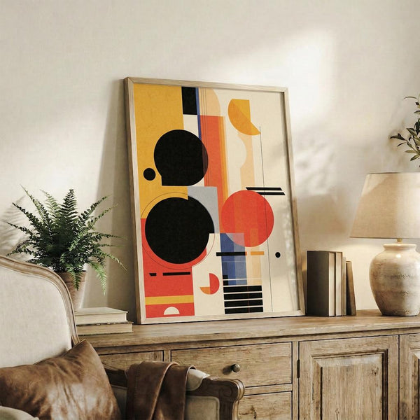 May include: Abstract geometric poster with black circles, orange and red shapes, and colorful rectangles in light wood frame, displayed on rustic wooden sideboard alongside fern plant, books, ceramic lamp, and brown leather chair in warm-toned living room setting.