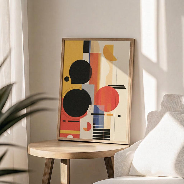 May include: Framed abstract geometric poster with colorful circles, rectangles, and lines in Bauhaus style, displayed on light wooden round side table next to beige upholstered chair. Artwork features black circles, orange and red shapes, blue rectangles, and yellow sections against cream background in natural wood frame. Soft natural lighting creates window shadows on white wall, with plant leaves visible in corner.