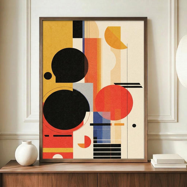 May include: Framed geometric abstract art print in Bauhaus style featuring overlapping black circles, orange and red shapes, blue rectangles, and yellow elements on cream background. Dark wood frame displayed on wooden sideboard with white ceramic vase and stacked books in elegant room with white paneled walls.