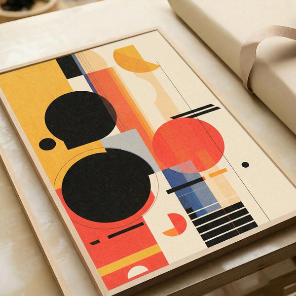 May include: Abstract geometric art print displayed in light wood frame on white surface next to cream-colored chair. The artwork features bold black circles, orange and red rectangular shapes, blue striped elements, and curved forms in a modernist composition. Warm natural lighting creates soft shadows on the neutral-toned setting.