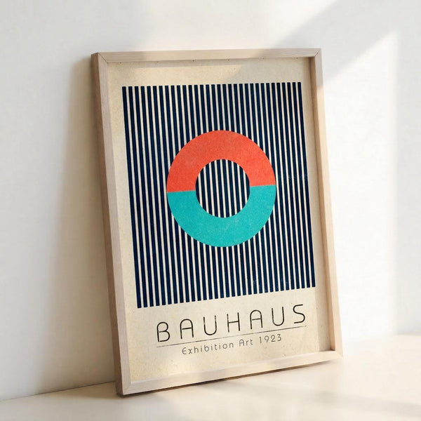 May include: Framed poster with navy blue and white vertical stripes background featuring a split circle design in coral orange and teal green. Text reads "BAUHAUS Exhibition Art 1923" below the geometric design. Light wood frame against white wall with natural lighting casting soft shadows.