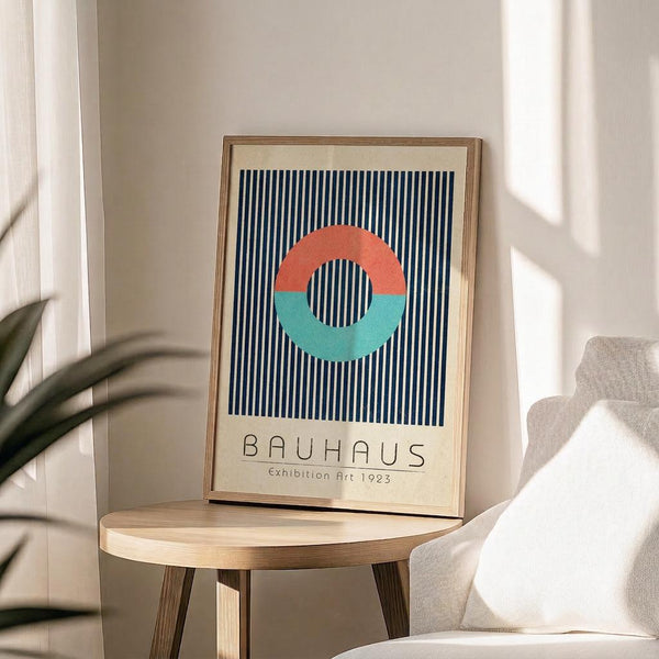 May include: Framed Bauhaus-style poster with coral and teal geometric circle on navy blue striped background, displayed on light wood round side table next to beige upholstered chair. Bright natural lighting creates shadows on white wall behind artwork. Green plant leaves visible in corner of minimalist modern interior setting.