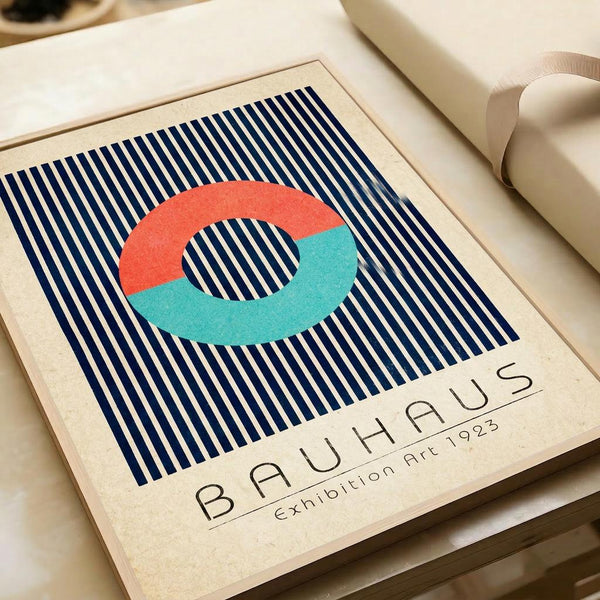 May include: Vintage-style Bauhaus exhibition poster print displayed on cream-colored paper with rolled paper tubes nearby. Features bold navy and white vertical stripes with overlapping coral and turquoise circles creating an oval shape. Text reads "BAUHAUS Exhibition Art 1923" below the geometric design. Minimalist mid-century modern aesthetic with clean typography on textured beige background.