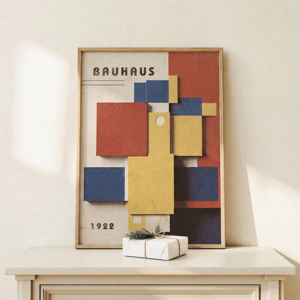 May include: Framed Bauhaus-style geometric art print with colorful overlapping rectangles in red, blue, yellow, and purple on cream background, displayed on light wood shelf next to small wrapped gift with evergreen sprig, against neutral wall with soft natural lighting