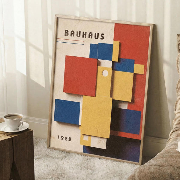 May include: A framed Bauhaus poster from 1922 featuring geometric shapes in primary colors - red, blue, and yellow rectangles arranged in an abstract composition against a cream background. The poster leans against white paneled walls in a cozy room setting with a white coffee cup on a wooden surface and textured beige throw blanket visible in the frame.