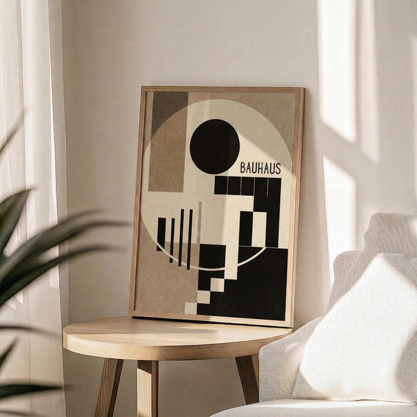 May include: Framed geometric abstract poster in beige, black and white featuring circles, rectangles and Bauhaus text, displayed on light wood round side table next to beige upholstered chair with white throw pillow. Natural sunlight streams across neutral-toned room with plant leaves visible in corner. Thin natural wood frame complements minimalist Scandinavian-style furniture and decor.