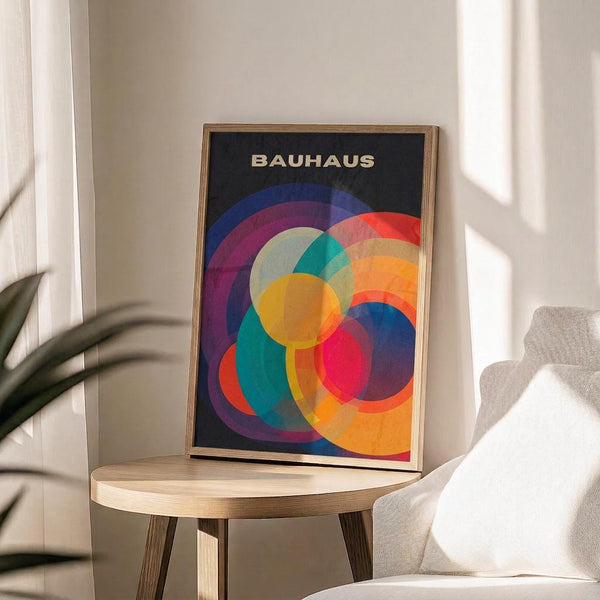 May include: Colorful geometric poster with overlapping translucent circles in vibrant blues, purples, reds, oranges, yellows, and teals against black background, displayed in thin wooden frame on round natural wood side table next to white upholstered chair, with plant leaves visible and soft natural lighting creating shadows on white textured wall behind.