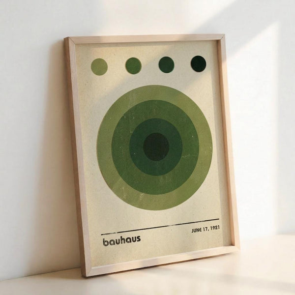 A framed poster with geometric green circles in varying shades arranged in a target pattern, with four small green dots across the top. The minimalist design features concentric circles on cream-colored paper, with "bauhaus" and "JUNE 17, 1921" printed at the bottom. The artwork is displayed in a light wood frame leaning against a white wall, showing vintage-inspired modernist design with subtle texture and clean lines.