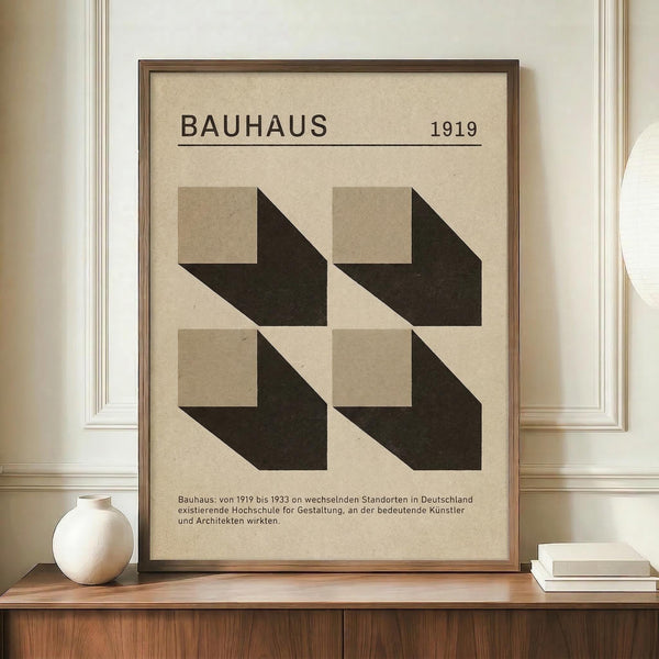 May include: Framed Bauhaus-style poster with geometric brown and beige squares creating dimensional pattern, displayed on wooden sideboard next to white ceramic vase and stacked books against cream paneled wall in modern interior setting.