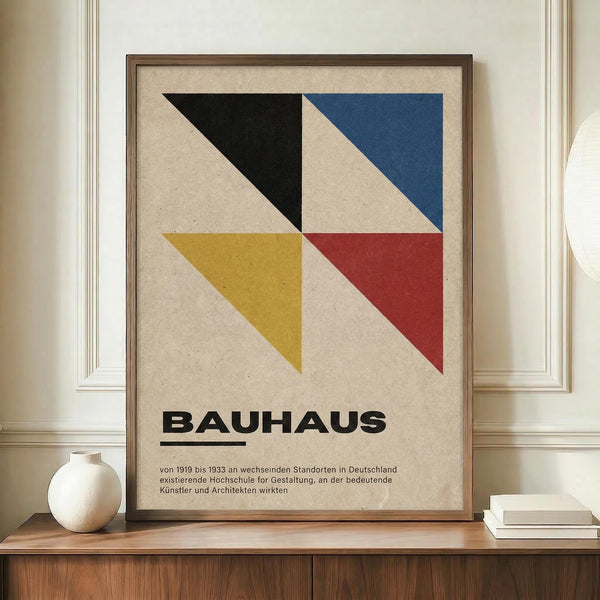 May include: Framed Bauhaus poster with geometric design featuring black, blue, yellow, and red triangular shapes on beige background, displayed on wooden sideboard next to white ceramic vase and books in elegant room with white paneled walls