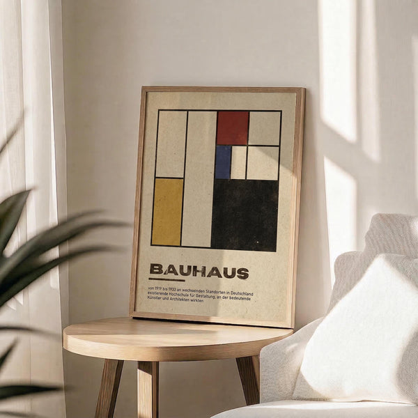 May include: Framed Bauhaus poster with geometric abstract design featuring colored rectangles in red, blue, yellow, and black on cream background, displayed on round wooden side table next to beige upholstered chair with plant leaves visible in corner, natural lighting creating soft shadows on neutral wall.