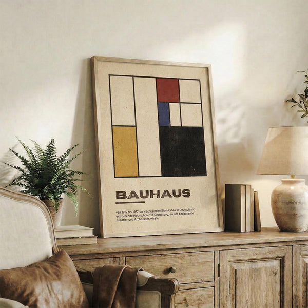 May include: Framed Bauhaus poster with geometric abstract design featuring colored rectangles in red, blue, yellow, and black on cream background, displayed on rustic wooden sideboard alongside fern plant, ceramic vase, and books in cozy living room setting with beige armchair and neutral wall