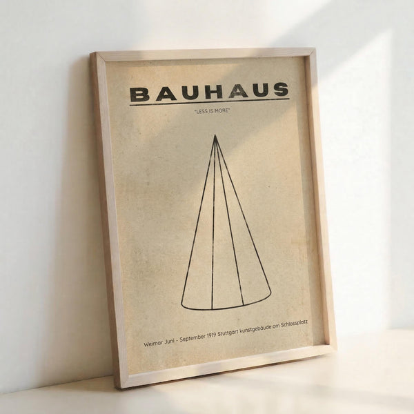 May include: Framed Bauhaus poster with minimalist cone line drawing on beige background, displayed in light wood frame leaning against white wall. Features "LESS IS MORE" motto and German exhibition text from 1919 Stuttgart.