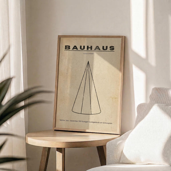 May include: A beige vintage-style poster with "BAUHAUS" text and "LESS IS MORE" motto, featuring a simple black line drawing of a cone shape. The poster is displayed in a thin wooden frame on a round wooden side table next to a beige upholstered chair. Soft natural light creates shadows across the minimalist room setting with white walls and a plant visible in the corner.