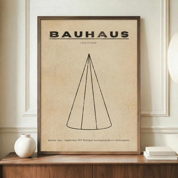 May include: Framed Bauhaus poster with cream background featuring bold black text "BAUHAUS" and "LESS IS MORE" above a minimalist line drawing of a cone shape. German text at bottom references Weimar and Stuttgart 1919. Wooden frame displayed on wood console with white ceramic vase and books in elegant room setting with white walls and trim.