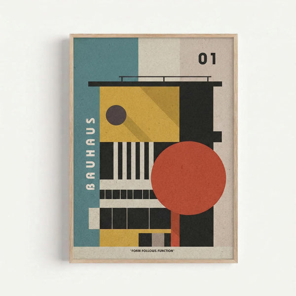 Framed modernist architectural poster featuring geometric shapes in a Bauhaus style. The artwork displays a stylized building structure with yellow, teal, black, white, and orange-red elements. A large orange circle appears on the right side, with vertical lines suggesting columns or windows. Text reads "BAUHAUS" vertically on the left and "01" in the top right corner, with "FORM FOLLOWS FUNCTION" at the bottom. Natural wood frame against white wall.