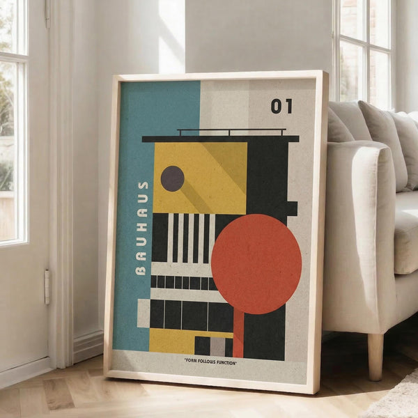May include: Large framed poster with geometric Bauhaus-style design featuring teal, yellow, coral, and black shapes including circles, rectangles, and linear elements. Number "01" appears in corner with "BAUHAUS" text vertically along left side. Light wood frame leans against white wall next to beige sofa in bright, minimalist living room with windows.
