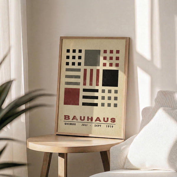 May include: Framed geometric art print with cream background featuring abstract composition of black, red, and gray squares, rectangles, and stripes in Bauhaus style. Text reads "BAUHAUS WEIMAR JULI-SEPT 1919" in red letters. Displayed on light wood round side table next to beige upholstered chair with plant leaves visible in soft natural lighting.