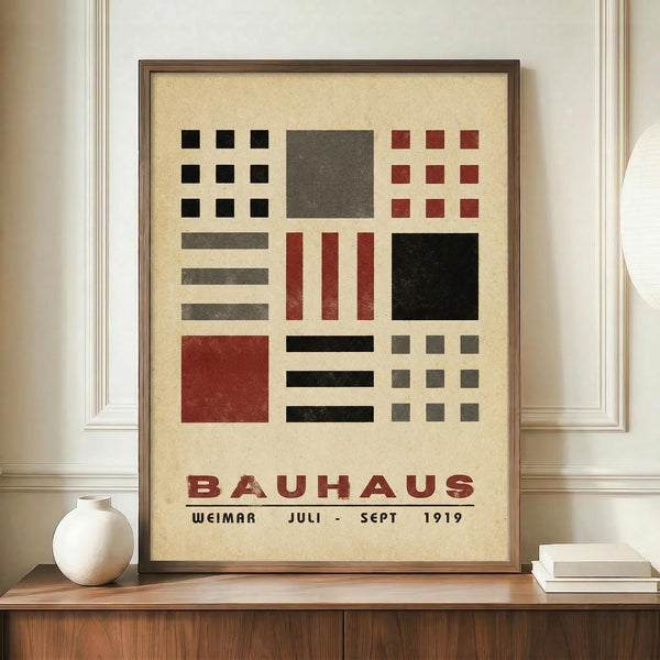 May include: Framed Bauhaus-style geometric poster with black, red, and gray rectangles and squares arranged in a grid pattern on cream background, displayed on wooden sideboard next to white ceramic vase and stacked books in elegant room with white paneled walls