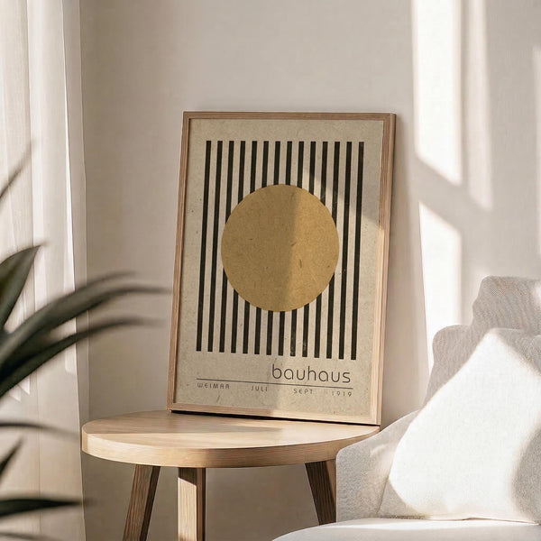 May include: Framed Bauhaus-style poster with vertical black stripes and golden yellow circle, displayed on light wood round side table next to beige upholstered chair. Natural sunlight streams through white curtains, casting soft shadows. Green plant leaves visible in corner. Minimalist modern interior with neutral cream walls and natural textures.