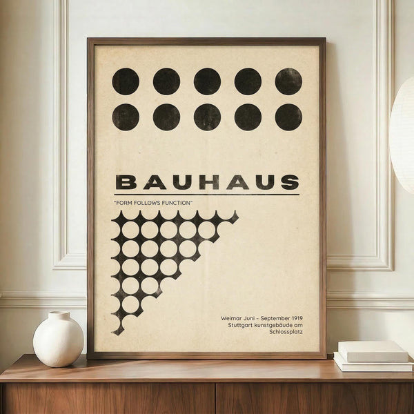 May include: Framed Bauhaus-style poster with geometric black circles and dots pattern on cream background, displayed on wooden console table beside white ceramic vase and stacked books in modern interior with white paneled walls