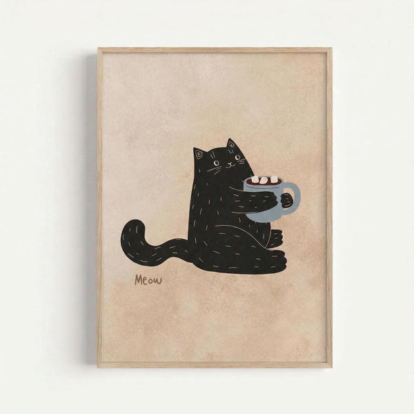 May include: Framed poster print hanging on white wall showing cute black cat illustration holding light blue mug with marshmallows, drawn in simple line art style on beige textured background with "Meow" text below, displayed in natural wood frame